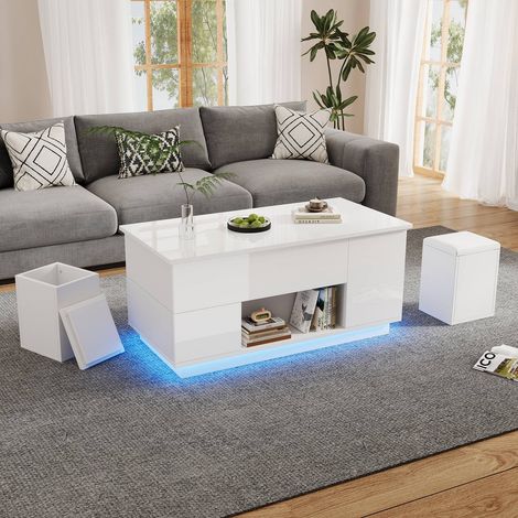 Table basse 4en1 relevable 100x50x45 cm avec LED, 2 tiroirs, tabourets et rangement, blanc brillant (1/5)