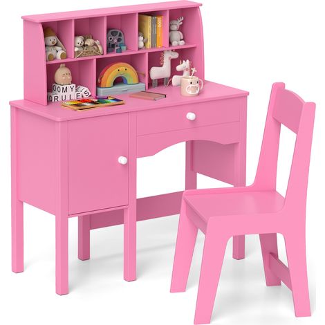 COSTWAY Kids Study Desk and Chair Set Children Wooden Craft Table & Chair-Pink (1/5)