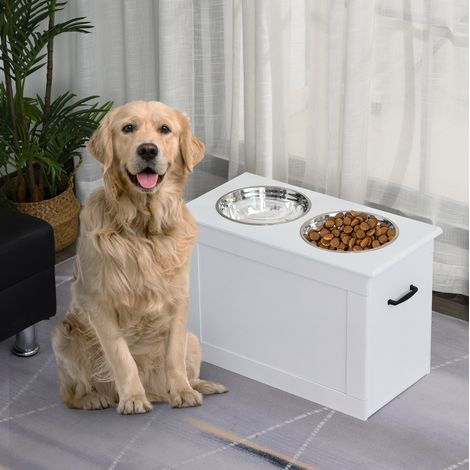 Comedero elevado para perro con almacenamiento, 2 cuencos inox, blanco DESVIAE (1/5)