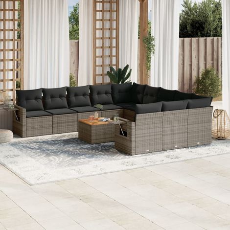 Salon de Jardin Modulaire 12 Places Gris Résine Tressée avec Coussins, Table Acacia, Housses Lavables (1/5)