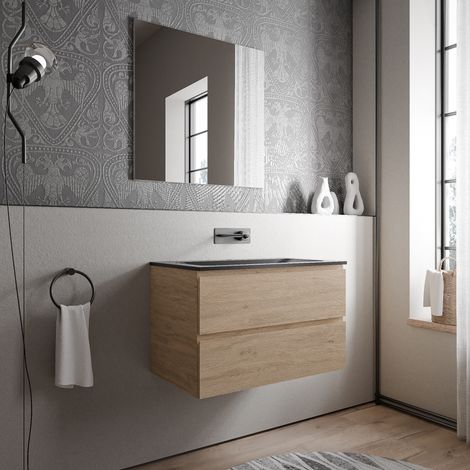 Unterschrank Bernstein AVA 80 cm mit Mineralguss Waschbecken CREAM - Badmöbelfarbe Eiche Honiggold, Waschbecken Schwarz matt ohne Hahnloch