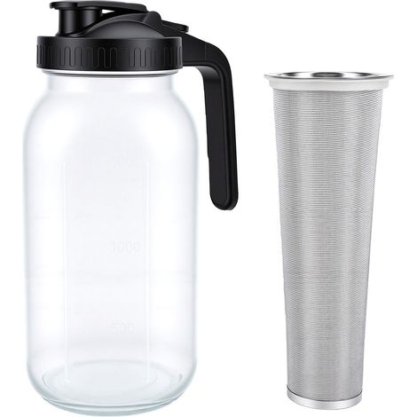 Cafetière à infusion à froid, pichet en verre de 1,9 L (64 oz), filtre fin, couvercle noir étanche, facile à nettoyer, pour la maison ou le bureau. (1/5)