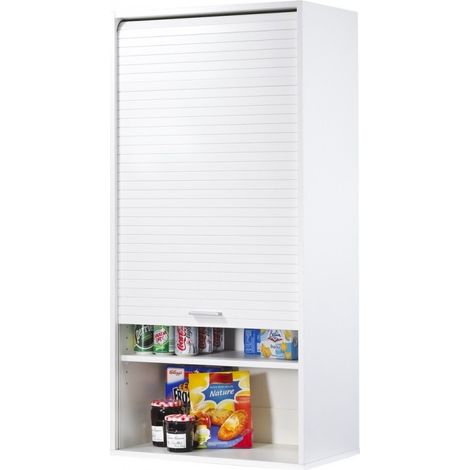 Les Tendances – Armoire de cuisine large avec rideau blanc – Structure en panneaux de particules mélaminés – Dimensions L 60 x H 124 cm – 3 tablettes réglables (1/5)