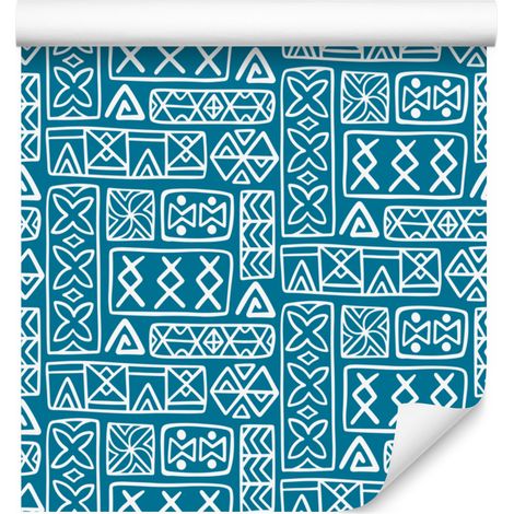 Carta da parati con motivo geometrico polinesiano turchese e celadon 50x1000 cm (1/5)