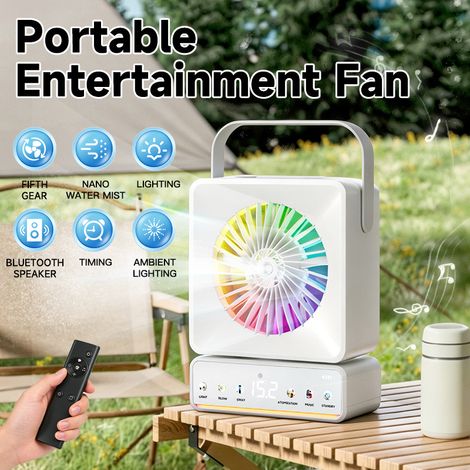 Ventilateur de bureau portable rechargeable USB avec brumisateur humidificateur silencieux – Fonctions oscillation, minuterie, lumière d’ambiance et lecture Bluetooth – Idéal pour étudiants, bureaux e