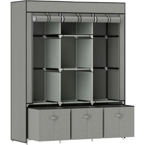 Light Grey Portable Fabric Wardrobe for Bedroom,Foldable Closet with 5 Shelves,2 Hanging Rails,and 3 Fabric Drawers,Size 125x43x162.5cm (1/5)
