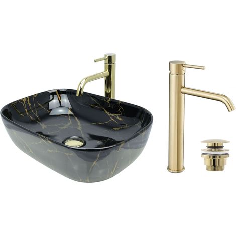 GTM Design Aufsatzwaschbecken 46 cm Glanz Set mit Waschtischbatterie und Stopfen - Aufsatzwaschbecken Oval für Badezimmer - Modernes Waschbecken ohne Hahnloch - Waschbecken mit Armature (1/5)