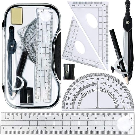 Ensemble de mathématiques, compas, rapporteur et règle (8 pièces) pour l'apprentissage des mathématiques à la maison