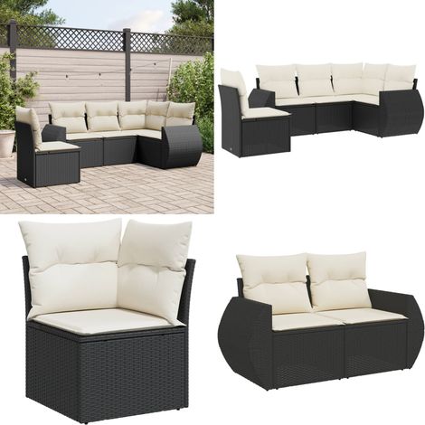 5-tlg. Garten-Sofagarnitur mit Kissen Schwarz Poly Rattan - Gartensortiment - Outdoor Möblierung - Lounge Set - Rattan Gartenmöbel - Gartenecke - Home & Living (1/5)