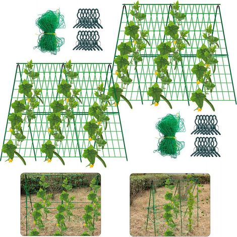 Lot de 1 treillis de jardin en métal avec cadre en A - 120 cm - Avec filet et clips - Amovible - Pour plantes en plein air - Concombre - Fleurs et légumes