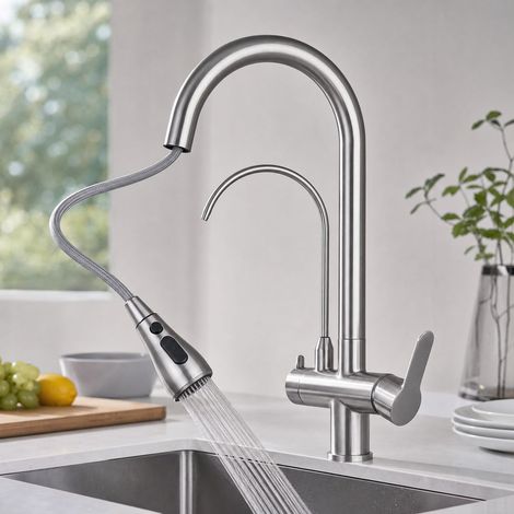 Robinet de cuisine 3 en 1 eau filtrée, acier inoxydable 304 brossé, douchette extractible 60cm, 3 modes jet, rotation 360°, anti-éclaboussures (1/5)