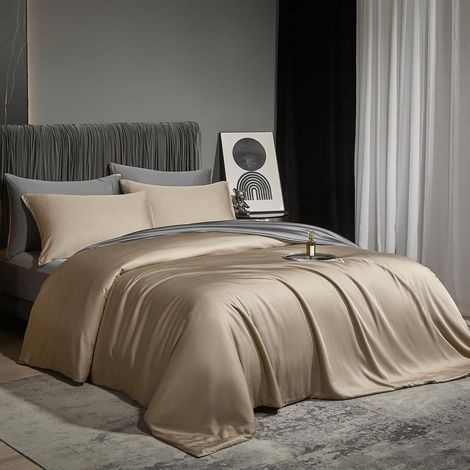 Parure de lit réversible en bambou 155 x 220 cm avec housse de couette et 2 taies d'oreiller de 80 x 80 cm - Marron/taupe/kaki/gris foncé uni (1/5)