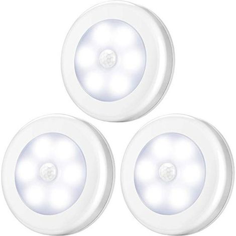 LED night lights with motion detectors, set of 6, automatic on/off, magnetic design, includes an adhesive pad. (1/5)