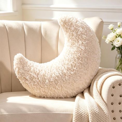 Coussin de lune beige en forme de lune - Joli coussin décoratif esthétique - En peluche - Pour salon, canapé, enfant, chambre à coucher, lit, cadeau - 33 cm (1/5)