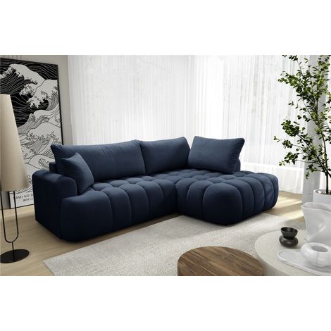 Ecksofa mit Schlaffunktion NANTES Sofa in Stoff Soft Dunkelblau Ottomane Rechts (1/5)