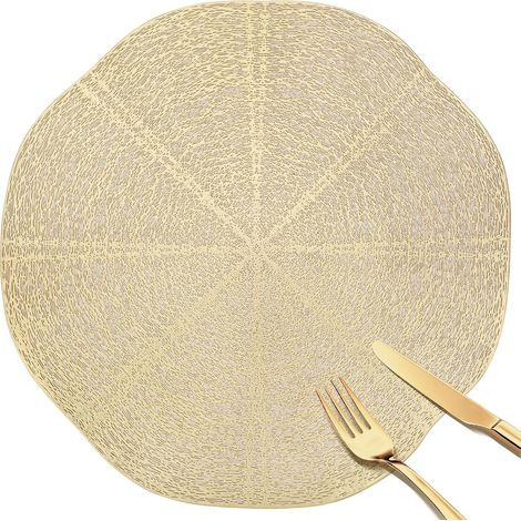 Manteles individuales redondos de PVC dorado con recortes, 38 cm, juego de 6, lavables, antideslizantes, salvamanteles para comedor, cocina, bodas y fiestas. (1/5)