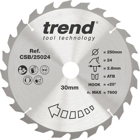 Lame scie circulaire bois 250 mm, 30 mm alésage, 24 dents TCT +20° (1/5)