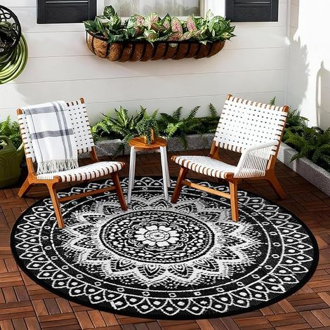 Rug Round Patio Mat 150cm Reversible Waterproof Foldable Bohemian Camping Picnic Mat Balcony Beach Black White (1/5)
