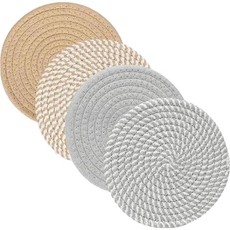 Sets de table ronds tissés, 4 pièces de 20 cm, coton résistant à la chaleur, style rustique en rotin. (1/5)