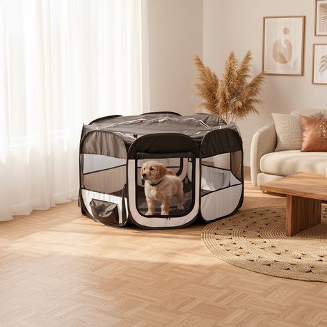 belviona Welpenauslauf, faltbares Freilaufgehege für drinnen & draußen, mit Transporttasche, 110 cm Durchmesser, 64 cm Höhe, schwarz/beige (1/5)