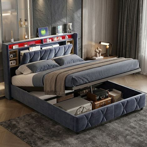 Lit coffre 140x200 avec led et ports usb, lit double avec rangement hydraulique et sommier à lattes, pour adultes et adolescents, gris velours (1/5)