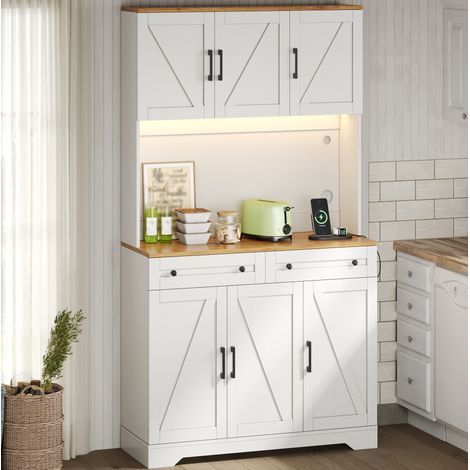 Meuble de rangement de cuisine LED avec prises, 100x40x180 cm, MDF naturel et blanc (1/5)