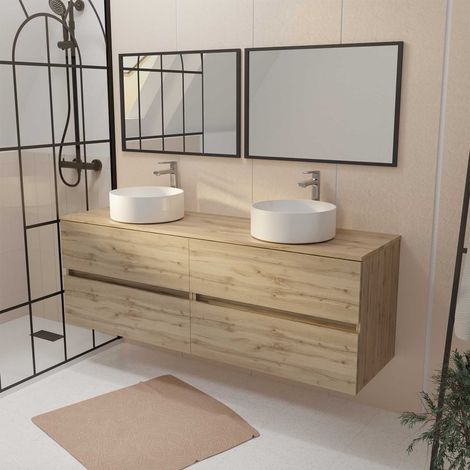 Mueble de Baño 160 TIMBER Roble 4 Cajones Lavabos Blancos 2 Espejos 75x55