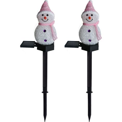 Pack de 2 LED solaire lumière bonhomme de neige jardin lumière décoration de Noël lumières (Rose) (1/5)