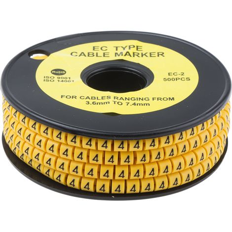 Repère câble , Ø câble 3.6  7.4mm, texte : 4, Noir sur Jaune ( Prix pour Bobine de 500 )