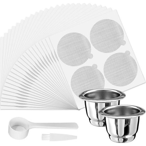 Dosettes de café rechargeables en acier inoxydable compatible avec machines Nes-Presso (2 tasses + 100 couvercles+Cuillère à brosse) (1/4)