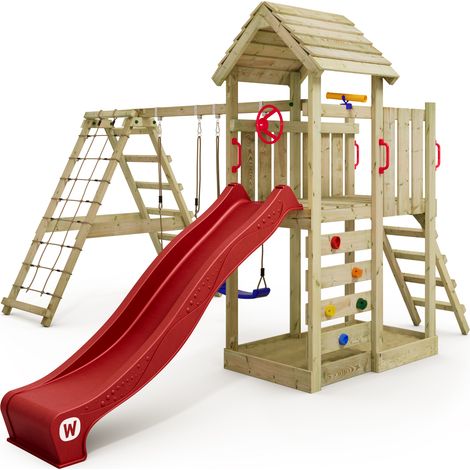 Wickey Aire de jeux Portique bois RocketFlyer avec balançoire et toboggan Maison enfant exterieur avec bac à sable, échelle d'escalade & accessoires de jeux - rouge (1/5)
