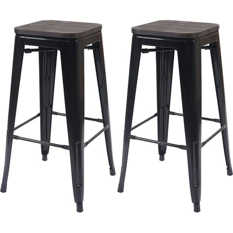 Juego de 2 taburetes de bar estilo industrial factory en metal negro con asiento de madera TDB04046