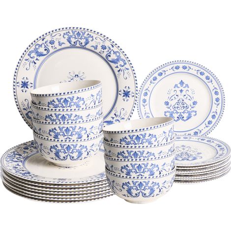 Vajilla de 24 piezas de porcelana acabado esmaltado con diseño abstracto para 8 personas comedor cocina blanco y azul Galangal