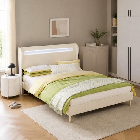 Bett 140x200 mit verstellbarem LED-Polsterkopfteil, beige, OKMYHOME (1/5)