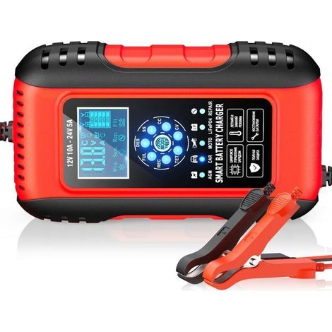 Chargeur Batterie Lithium, 12V/24V 10A Chargeur Batterie Voitures Auto avec Écran LCD, Maintien de Charge avec Fonction Réparation, pour Voiture Moto Camion, AGM, Gel, Wet, SLA(6-180AH) (1/5)