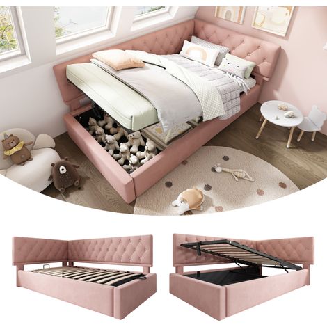 Lit de jour capitonné 90x190cm, canapé-lit avec rangement hydraulique, lit enfant/ado, cadre de lit avec sommier à lattes en bois, velours, rose, sans matelas. (1/5)