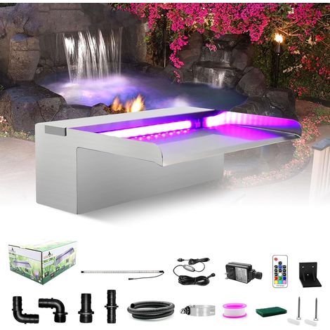 Cascade Piscine Fontaine, Lame d' Eau Piscine 30cm, Acier Inoxydable Rectangulaire Lame Fontaine Bassin avec LED 7 Couleurs, Cascade Bassin pour Jardin Exterieur (1/5)