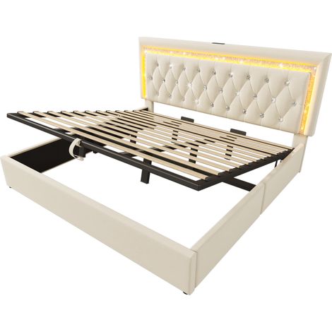 Cama con canapé abatible 180x200 cm de terciopelo beige con LED, USB y USB-C, HOMVRA (1/5)