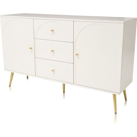 Commode 2 portes 3 tiroirs crème blanc 140x40x84 cm pour salon et chambre (1/5)