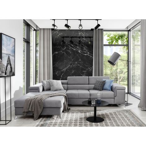 Les Tendances – Canapé d'angle convertible gauche 280 cm en velours gris clair – Couchage 125 x 210 cm – Accoudoirs larges et réglables – Rangement intégré (1/5)