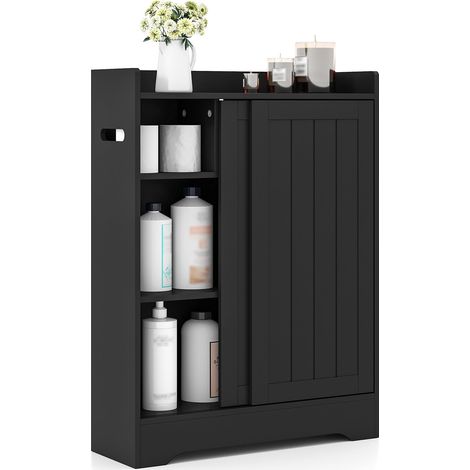 COSTWAY Mobile da Bagno, Armadietto Sottile con Porta Carta Igienica, Scomparto per Spazzolino e Ripiani Regolabili Accanto al WC, Armadio con Porta Scorrevole per Spazi Ridotti (Nero) (1/5)