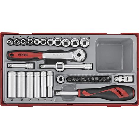 Jeu de douille TT1 tray 1/4 4-13mm Plat- PH- PZ- TPX- hex 35 pièces 6 pans Teng Tools TT1435