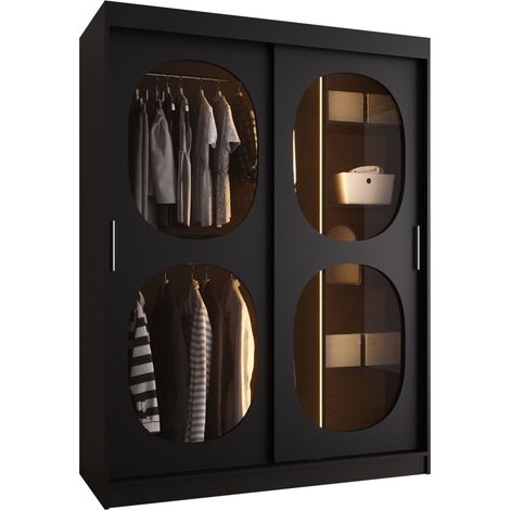 Armario Hartford 527, Negro, 200x150x62cm, Puertas de armario: Correderas, Número de estantes: 5, LED