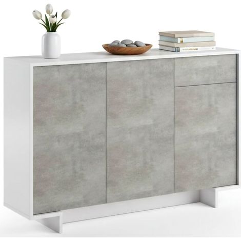 Dmora - Credenza Arius, Madia da salotto, Buffet da soggiorno a 3 ante e 1 cassetto, 100% Made in Italy, 134x35h87 cm, Bianco e Cemento
