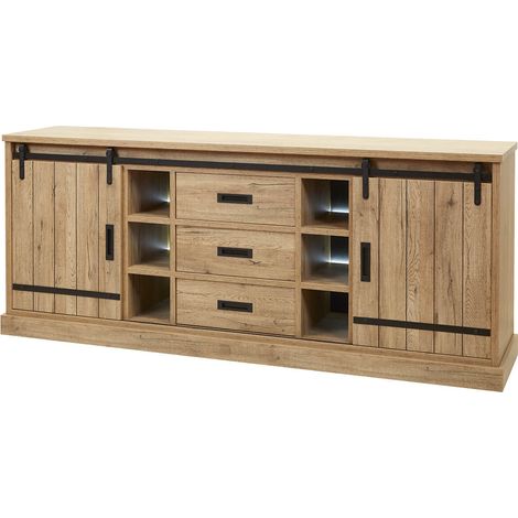 Altobuy – Buffet multi-rangements industriel 225x50xH92cm – Structure panneaux de particules – Éclairages Led – Système SoftClose (1/5)