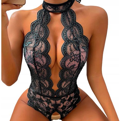 Sexy Dessous-Set mit Spitze und Loch-Body, Schwarz, Größe M