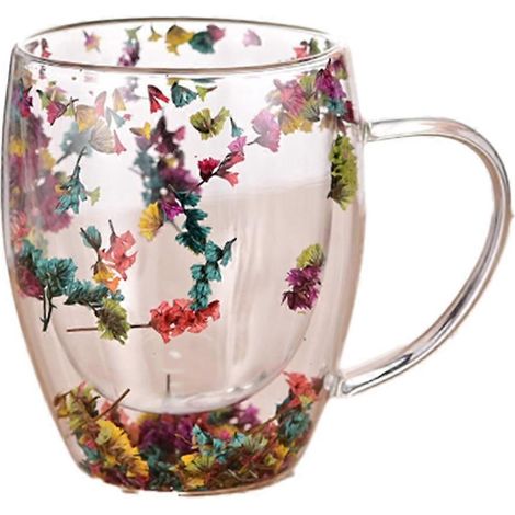 Lot de deux tasses en verre à double paroi remplies de fleurs séchées, avec poignées, résistantes à la chaleur et isolées pour les boissons chaudes et froides, le thé et le café. (1/5)