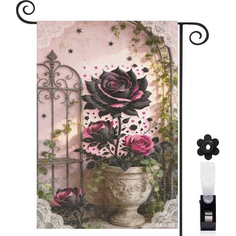 Bannière de cour arche florale et roses noires bord rose 30 x 45 cm décoration extérieure et intérieure (1/5)