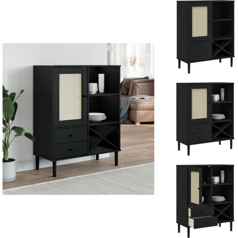 Buffet SENJA aspect rotin noir 90x40x112cm bois massif de pin - Meuble Haut - Buffet - Commode - Rangement - Bois Massif (1/5)