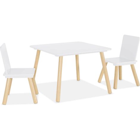 Table carrée enfant avec 2 chaises. pieds en pin. blanc